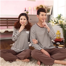 一件代发春秋情侣睡衣女条纹长袖套装纯棉小熊家居服休闲男士居家