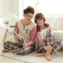 睡衣厂家批发格子卡通熊针织棉长袖男女情侣睡衣家居服一件代发