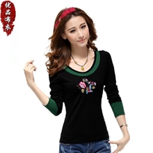 秋季新款民族风绣花长袖T恤女中国风精梳莱卡棉女式打底衫批发