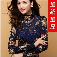 2013秋冬品牌蕾丝保暖加绒打底衫韩版长袖印花时尚修身打底衫批发