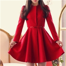 2013秋冬装蝴蝶结腰带名媛气质收腰大摆毛呢裙长款精品红外套批发