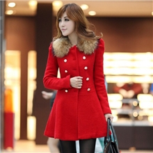 528#冬季修身羊毛领双排扣修身秋冬装新品呢子大衣(毛领加35元）