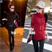 2013年冬季新款貉毛装饰网纱拼皮修身款高领女式T恤批发