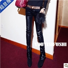 2013秋冬款黑色丝绒拼皮貉子毛装饰超显腿瘦小脚裤女厂家直销