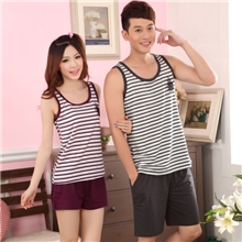 一件代发！夏季背心套情侣睡衣男女无袖条纹全棉质休闲家居服批发