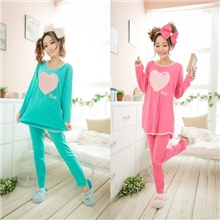 一件代发！春秋季羊棉绒长袖可爱桃心圆领套装家居服纯色女人睡衣