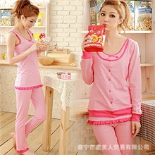 厂家睡衣批发春季睡衣条纹三件套性感吊带睡衣秋公主家居服套装