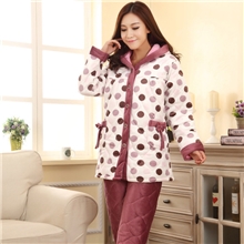 睡衣批发女式冬季三层超柔加厚夹棉圆点中长款连帽家居服套装