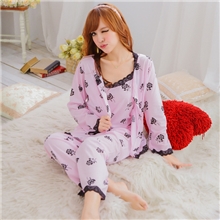 睡衣批发女式针织纯棉玫瑰三件套睡衣春秋冬季家居服三件套装