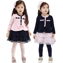 品牌童装秋款童装女童粉蓝蕾丝连衣裙1011