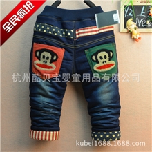 童装批发20KB13可爱猴子儿童牛仔裤夹棉加厚2013秋冬儿童棉裤