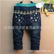 童裤批发K0B78可爱小兔女童牛仔裤夹棉加厚秋冬童装棉裤