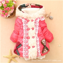 冬季新款童外套双排扣蕾丝边蝴蝶结口袋女童棉衣童装批发
