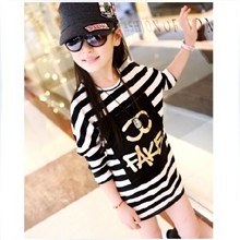 毛毛虫秋新款女童装欧美小香风宽松条纹长版蝙蝠袖包臀中大童卫衣