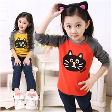 毛毛虫2013秋装童装韩版女童卡通拼色小猫咪儿童长袖T恤打底衫