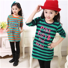 毛毛虫童装女童秋款撞色粗条纹宽松长款字母T恤运动长袖打底衫