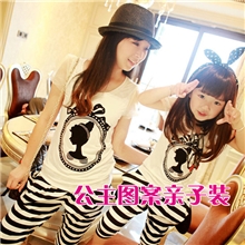 2013夏款亲子装童装公主图案T恤条纹哈伦裤套装母女装批发代发