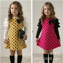 韩版童装批发春秋圆点印花蝴蝶结儿童裙子长袖女童连衣裙