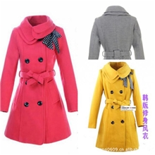 新款韩版双排扣双层领千千点蝴蝶结羊毛大衣风衣外套女士外套批发