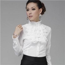 新款雪纺立领大荷叶边修身女士衬衣长袖衬衫白色有加大码