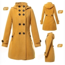 秋冬新款韩版甜美时尚双排扣可拆卸帽修身羊毛呢大衣外套D877