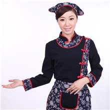 农家复古款特色餐厅女员工装大红花式纽扣厂家直销酒店工作服