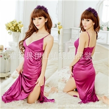 新款！性感深V透视露乳吊带长款侧分叉紫色高贵情趣套装8771