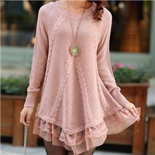 2013新款韩版大码宽松中长款线衣拼接蕾丝针织打底衫毛衣女外套