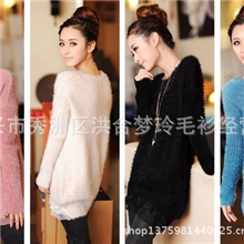 春秋冬装新款韩版女蕾丝边马海毛毛衣外套中长款低圆领宽松针织衫