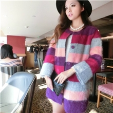 网络爆款彩虹貂绒开衫条纹彩色高贵貂绒针织衫圆领大衣外套批发