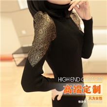 2013春秋新款高领金边蕾丝袖修身打底衫中长款针织衫毛衣批发