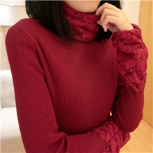 秋冬新款修身针织式中长款毛衣高领6836女装淑女蕾丝堆堆领打底衫