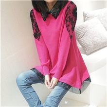 2013春装新款韩版皮领子衬衫领宽松蝙蝠衫中长款女装针织衫