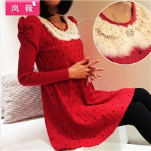 春装新款韩版宽松波点甜美长款亮片圆领针织衫毛衣外套女连衣裙