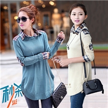 2013秋冬新款女装韩版加大码打底针织衫翻领格子衬衣毛衣外套1144