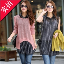 2013新款秋装韩版镂空针织衫罩衫雪纺衬衫两件套1077