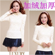 加绒加厚2013秋冬韩版女装娃娃领修身蕾丝打底衫女士蕾丝上衣