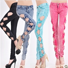 韩版侧面蝴蝶结牛仔紧身裤