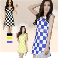2013夏季韩版黑白格子连衣裙英伦格子裙修身棋盘格无袖背心裙子