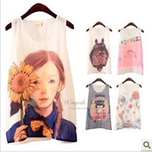 788#2013夏装韩版时尚圆领卡通印花雪纺衫背心上衣打底衫