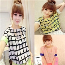 夏装韩版时尚格子清凉雪纺衫拼接圆领短袖宽松T恤打底衫女装