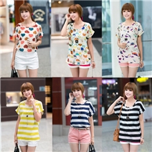 新款夏装季韩版宽松大码条纹衫超薄凉爽雪纺衫短袖T恤罩衫