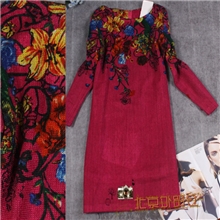实体爆销超女人味秋冬主打款七分袖花色拼色梅红连衣裙送腰带