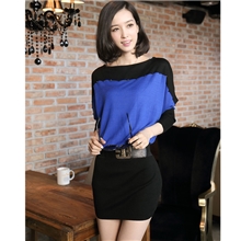 直销独家爆款批发秋冬蝙蝠袖针织衫拼接假两件套包臀连衣裙带腰带