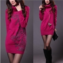 新款韩版长款印花中长袖打底针织衫高领女式针织衫毛衣