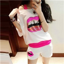 (现货三件套)韩国品质荧光玫红亮片嘴唇蝙蝠袖运动3件套