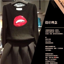 欧洲站韩国代购嘴唇红唇大嘴巴全羊毛加厚针织套装