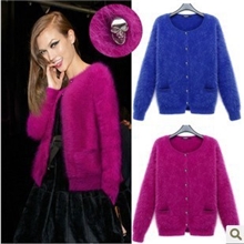 欧美范女装新款复古DEESSE骷髅长毛水貂绒小开衫纯色长袖毛衣