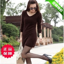 貂绒衫女中长款最新款V领长袖套头加厚打底衫毛衣连衣裙批发