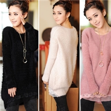 春秋冬装新款韩版女蕾丝边马海毛毛衣外套中长款低圆领宽松针织衫